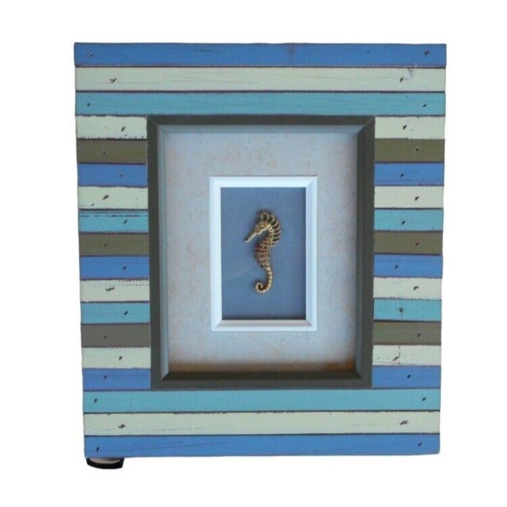 Seahorse Wall Art in Blue Green Wooden Picture Frame Coastal Beach Cottage New